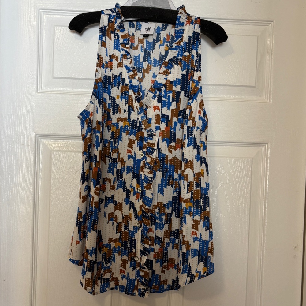 CAbi Jigsaw Top Blue and Brown Geometric Sleeveless Blouse - Picture 3 of 8